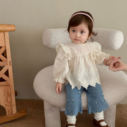 【BABY&KID】おしゃれフリルブラウス、刺繍デニムフレアパンツSK100317