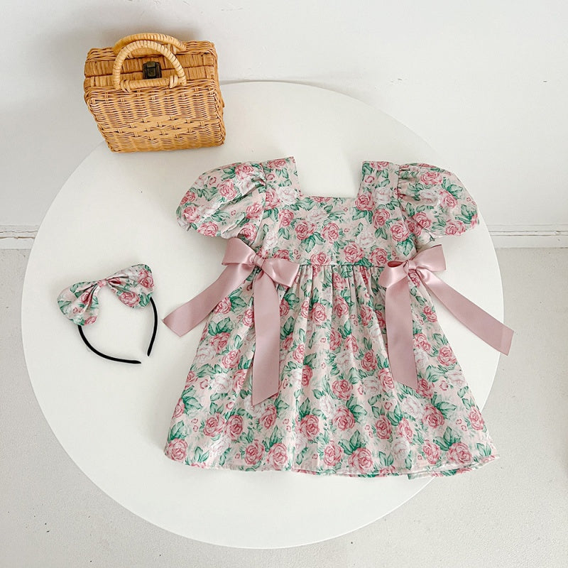 【姉妹服】夏新作 ローズプリントリボンロンパース、ワンピースSK072520