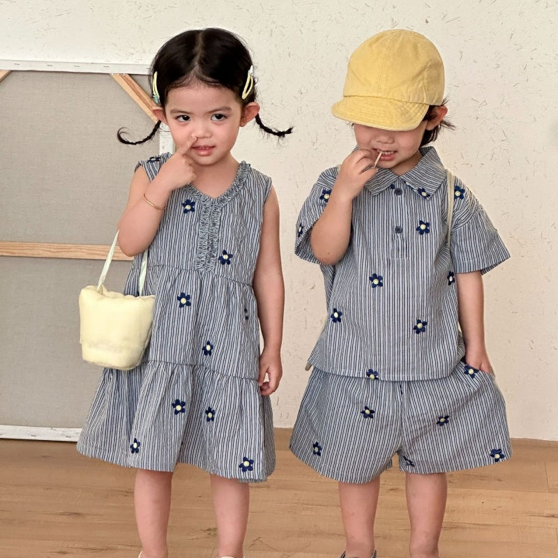 【BABY&KID】夏新作刺繍フラワーストライプセットアップ、ワンピースSK104712