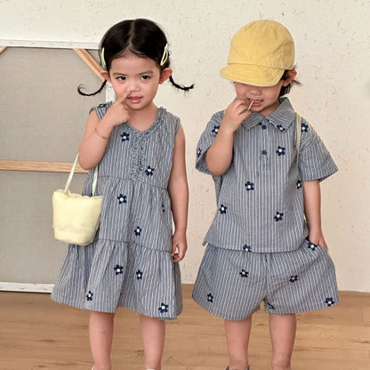 【BABY&KID】夏新作刺繍フラワーストライプセットアップ、ワンピースSK104712