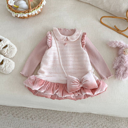 【BABY&KID】冬新作ツイード風お姫様ワンピース＆リボンアクセSK102733