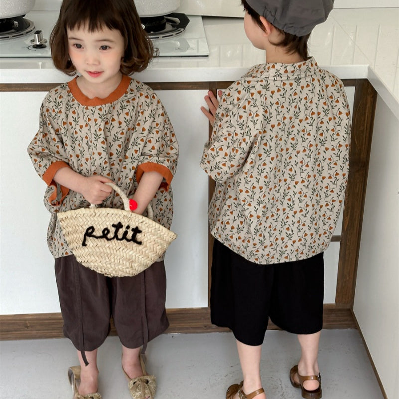 【BABY&KID】夏新作 フラワープリント半袖Tシャツ、シャツSK080506