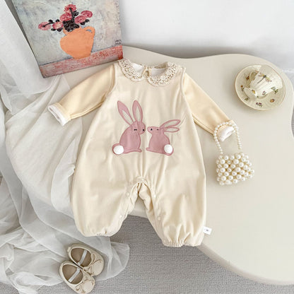【BABY】うさぎ刺繍裏起毛サロペット、レーストップスSK101423
