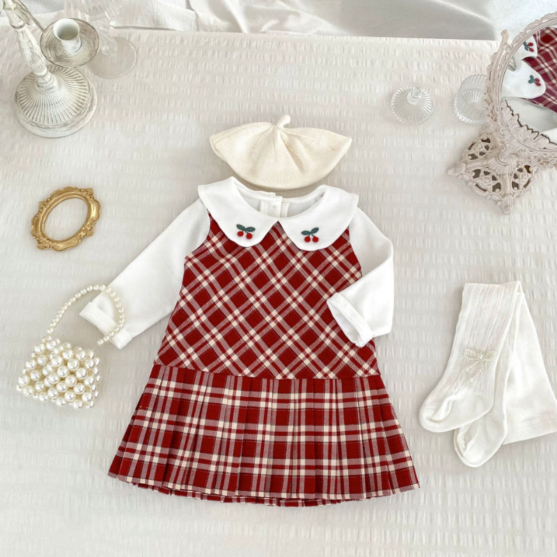 【BABY&KID】学院風チェックワンピース、さくらんぼ刺繍襟ＴシャツSK100842