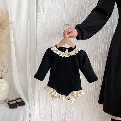 【BABY】レースクルーネックリブロンパース、レースレギンスSK100726