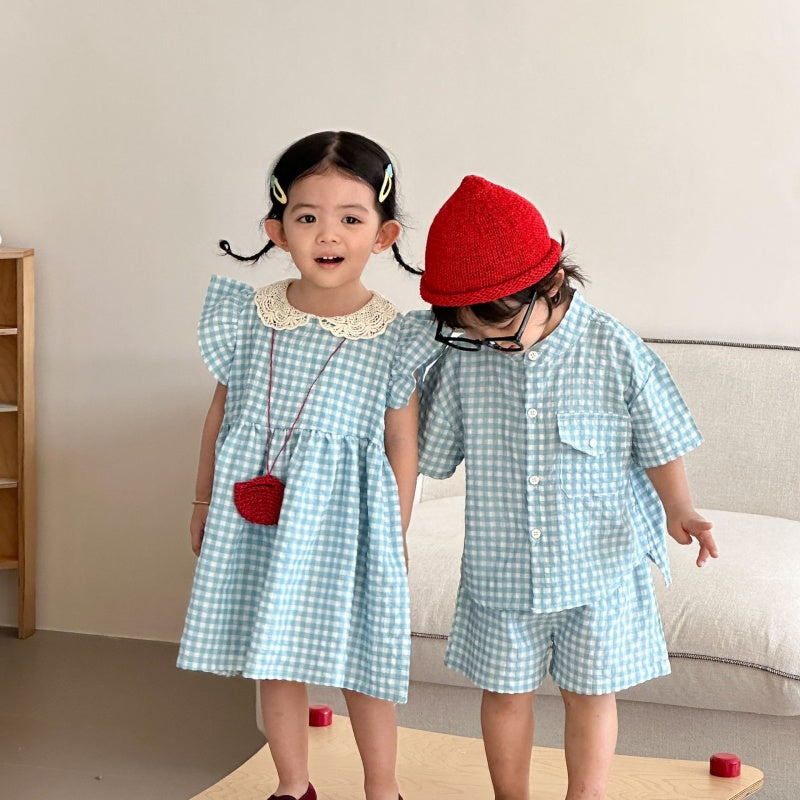 【BABY&KID】夏新作ブルーホワイトチェックセットアップ、ワンピースSK104702