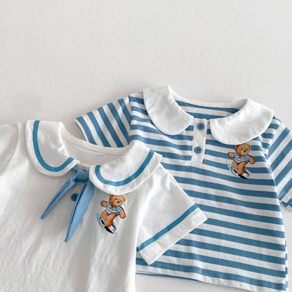 【BABY&KID】夏新作  クマ柄セーラー風セットアップSK061808