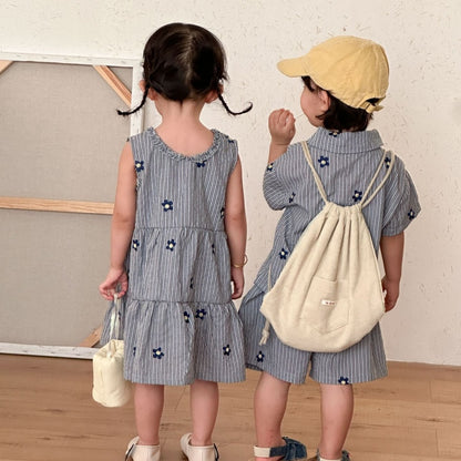 【BABY&KID】夏新作刺繍フラワーストライプセットアップ、ワンピースSK104712