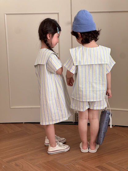 【BABY&KID】夏新作 ポケット付きストライプワンピース、セットアップSK072108