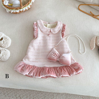 【BABY&KID】冬新作ツイード風お姫様ワンピース＆リボンアクセSK102733