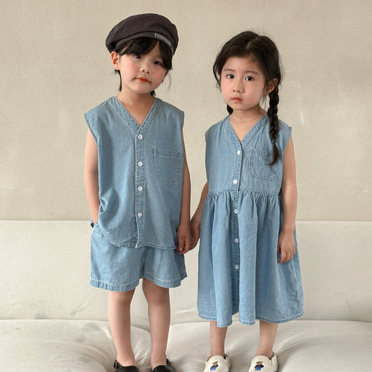 【BABY＆KID】夏新作 Vネックデニムセット、ワンピースSK063012