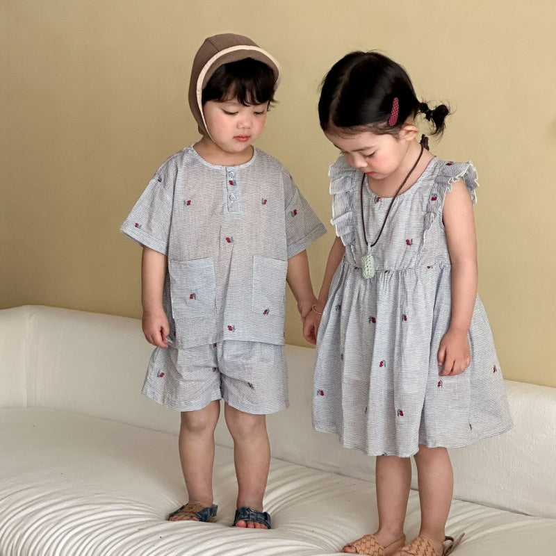 【BABY&KID】夏新作ブルーホワイトストライプセットアップ、ワンピースSK104723