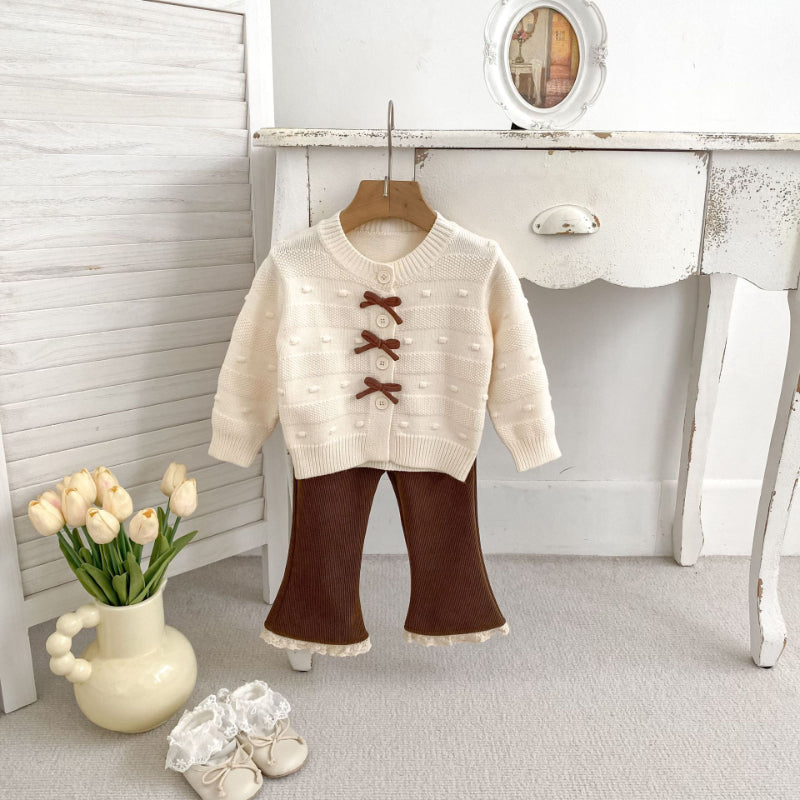 【BABY&KID】蝶結びニットカーデ、裏起毛レースパンツSK101438