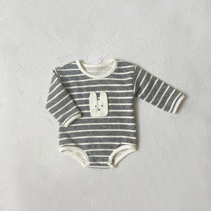 【BABY】レトロストライプうさぎアップリケロンパースSK101903