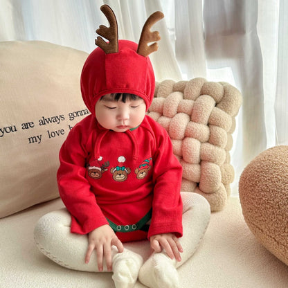 【BABY】トナカイプリントカバーオール＆角付き帽子セットSK102813