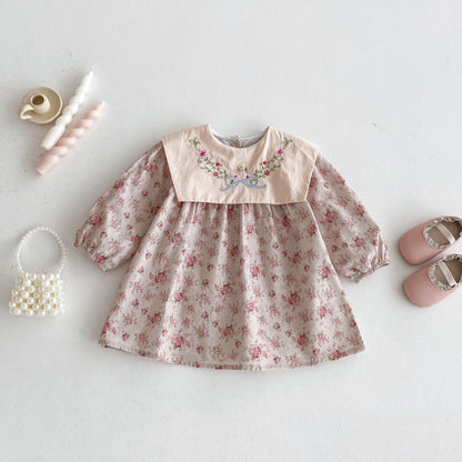 【BABY&KID】花柄刺繍スクエアネックワンピースSK011016