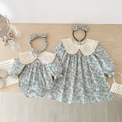 【姉妹服】花刺繍襟ロンパース、ワンピースSK101135