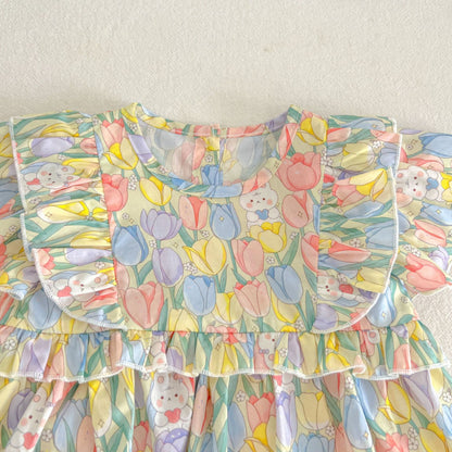 【BABY&KID】夏新作 花柄うさぎロンパース、ロンパースワンピ、ワンピースSK090713