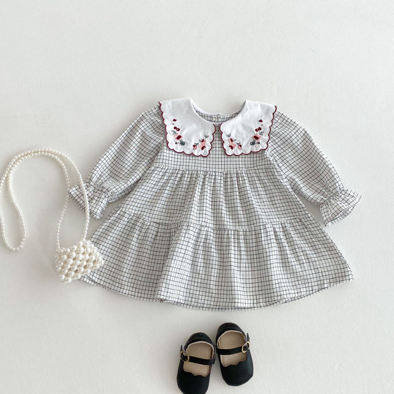 【BABY&KID】チェック花柄刺繍ワンピースSK011006