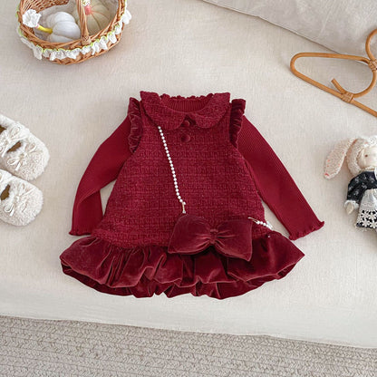 【BABY&KID】冬新作ツイード風お姫様ワンピース＆リボンアクセSK102733