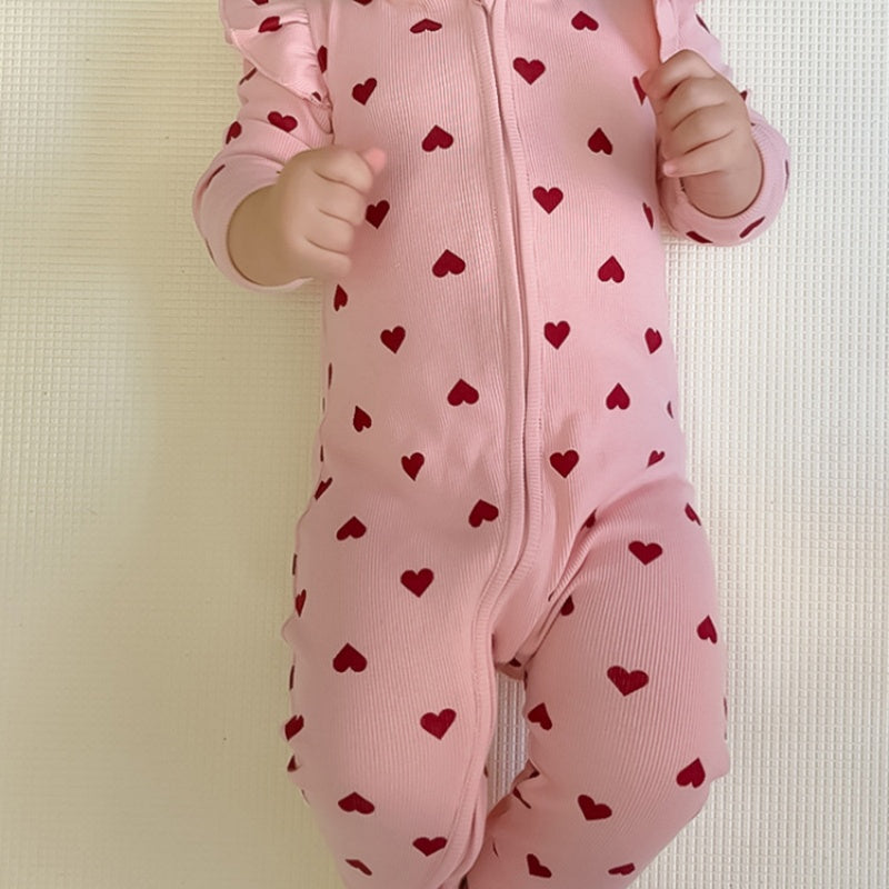【BABY】北欧風ハート、蝶結びフリル袖カバーオールSK101319