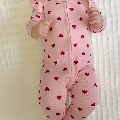 【BABY】北欧風ハート、蝶結びフリル袖カバーオールSK101319