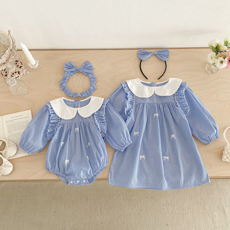 【姉妹服】ブルーストライプロンパース、ワンピースSK101113
