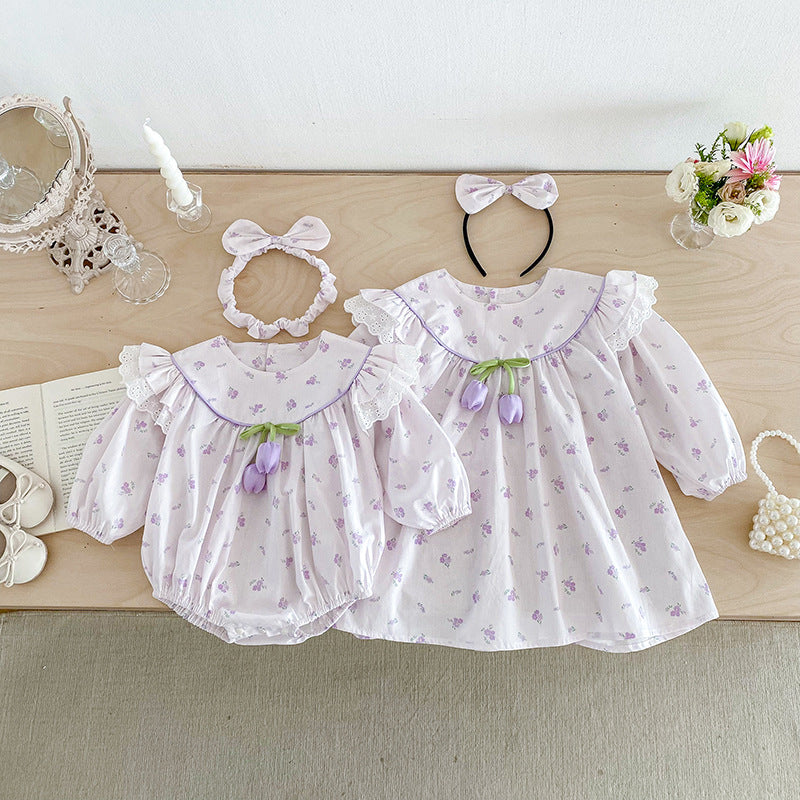 【姉妹服】パープルチューリップロンパース、ワンピースSK101124