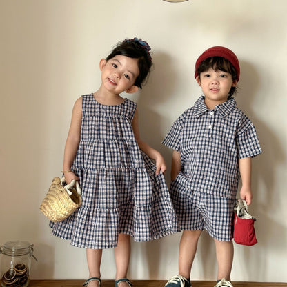 【BABY&KID】夏新作ネイビーチェックセットアップ、ワンピースSK104703