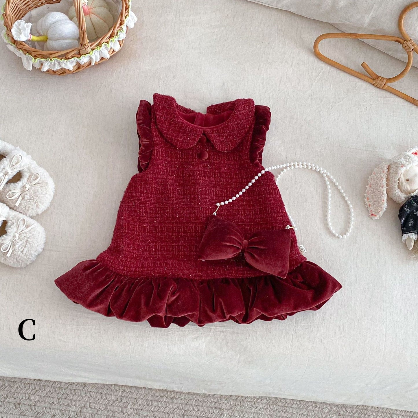 【BABY&KID】冬新作ツイード風お姫様ワンピース＆リボンアクセSK102733