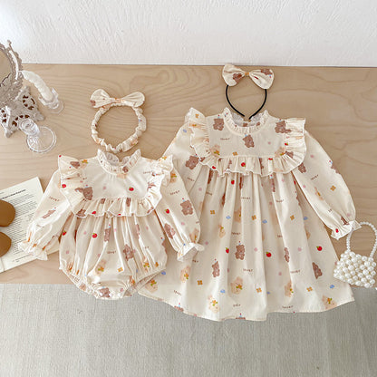 【姉妹服】フリル袖くまロンパース、ワンピースSK101137