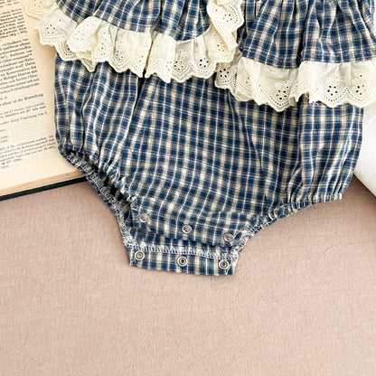 【姉妹服】夏新作 ブルーチェックレースロンパース/ワンピースSK062708