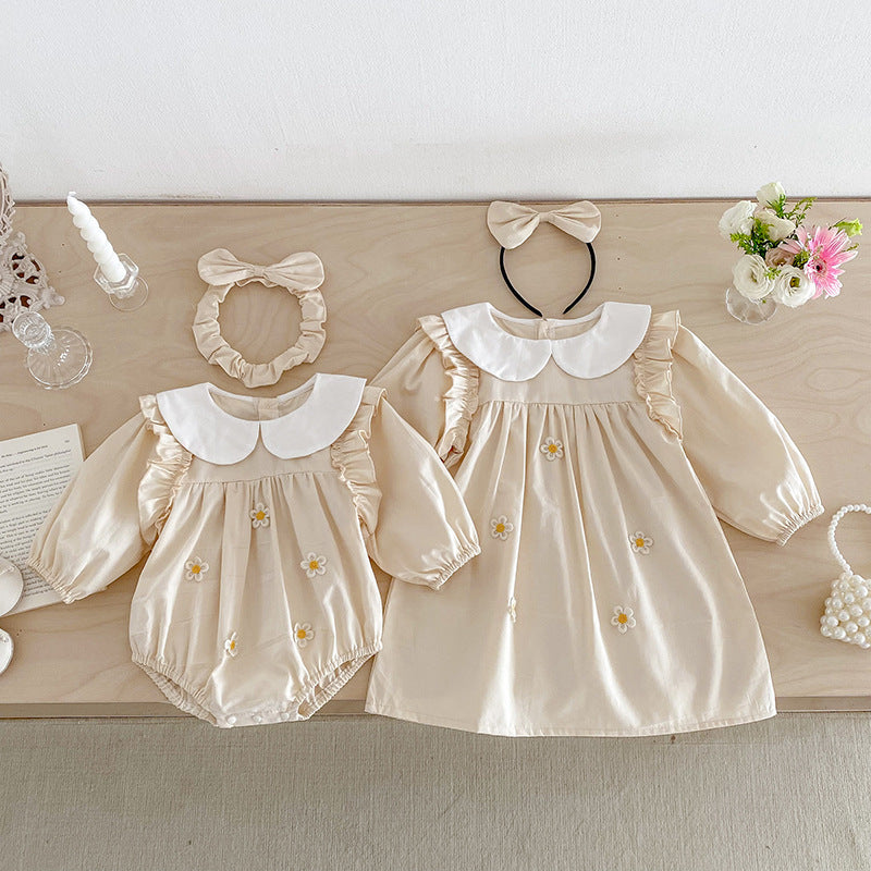 【姉妹服】小花イエローフラワーロンパース、ワンピースSK101115