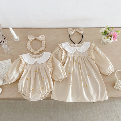 【姉妹服】小花イエローフラワーロンパース、ワンピースSK101115