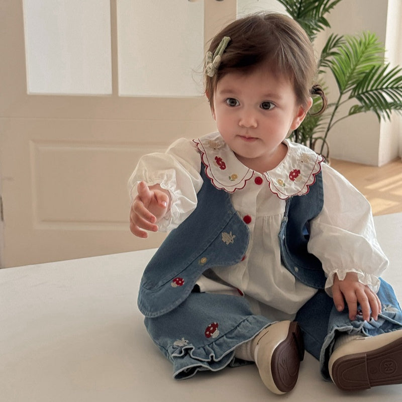 【BABY&KID】丸襟刺繍ブラウス、うさぎベスト、刺繍デニムパンツSK100320
