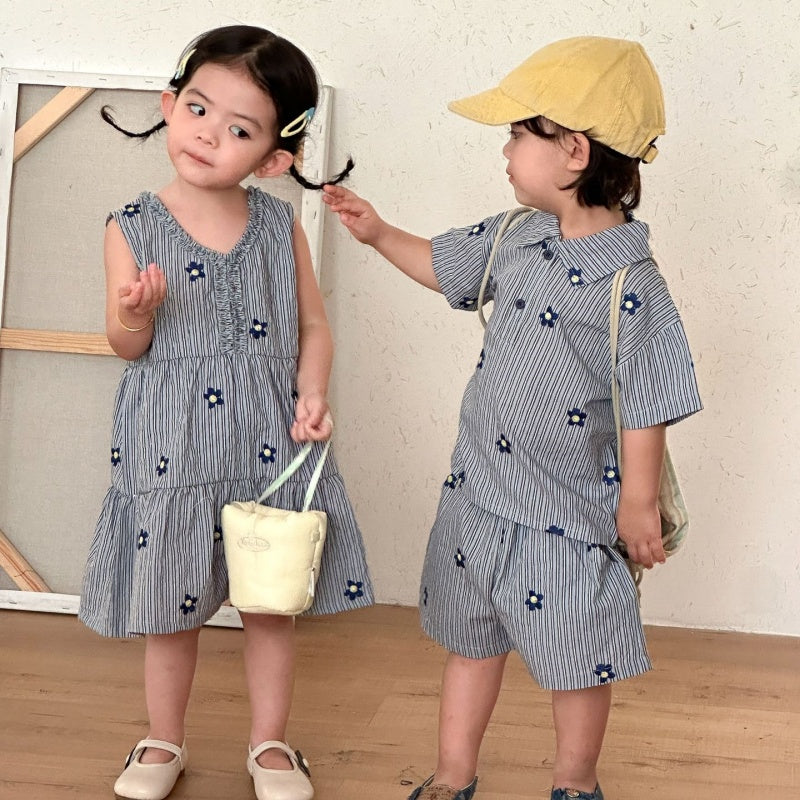 【BABY&KID】夏新作刺繍フラワーストライプセットアップ、ワンピースSK104712