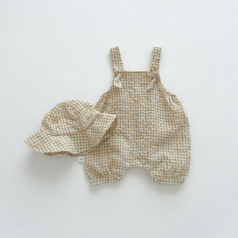 【BABY】夏新作 帽子付きチェックサロペット＆シャツ3点セットSK062602