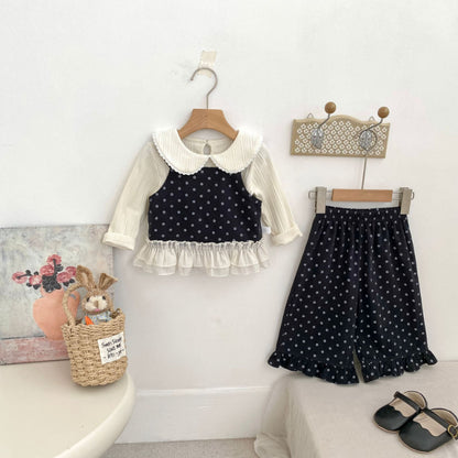 【BABY&KID】フリル裾ベスト&パンツ、レースドールカラーブラウスSK100844