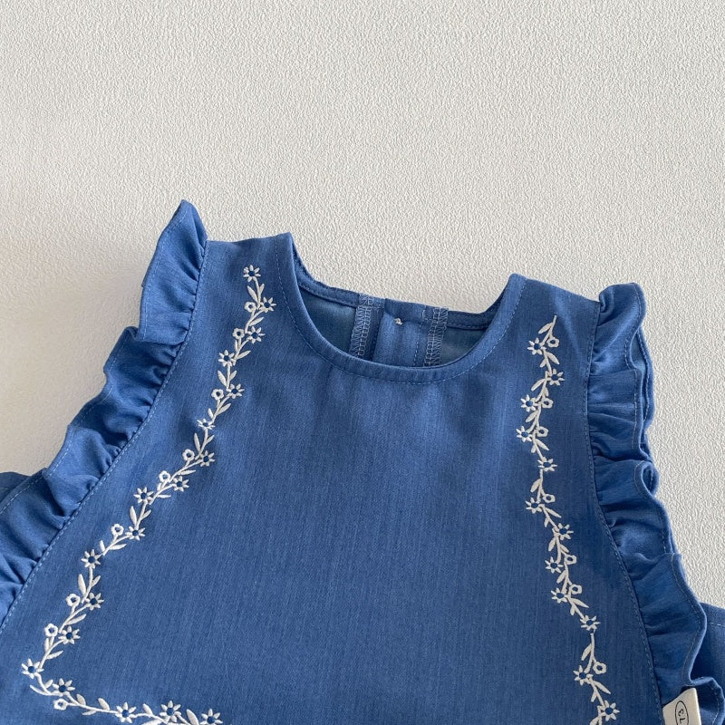 【BABY&KID】刺繍パフスリーブシャツ、刺繍ベスト、デニムパンツSK104122