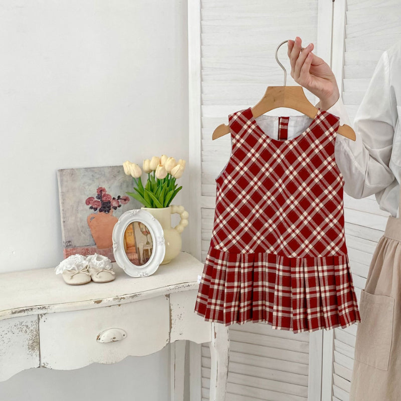 【BABY&KID】学院風チェックワンピース、さくらんぼ刺繍襟ＴシャツSK100842