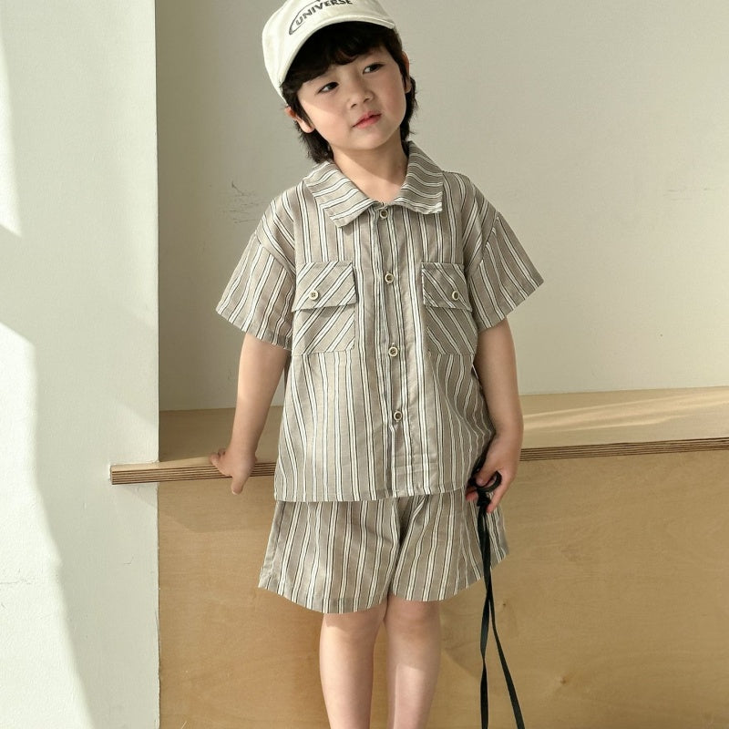 【BABY＆KID】夏新作 ストライプシャツセット、サスペンダーワンピースSK063021