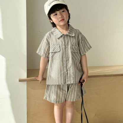 【BABY＆KID】夏新作 ストライプシャツセット、サスペンダーワンピースSK063021
