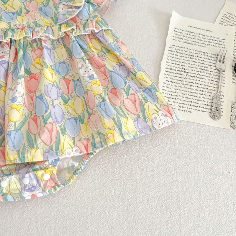 【BABY&KID】夏新作 花柄うさぎロンパース、ロンパースワンピ、ワンピースSK090713