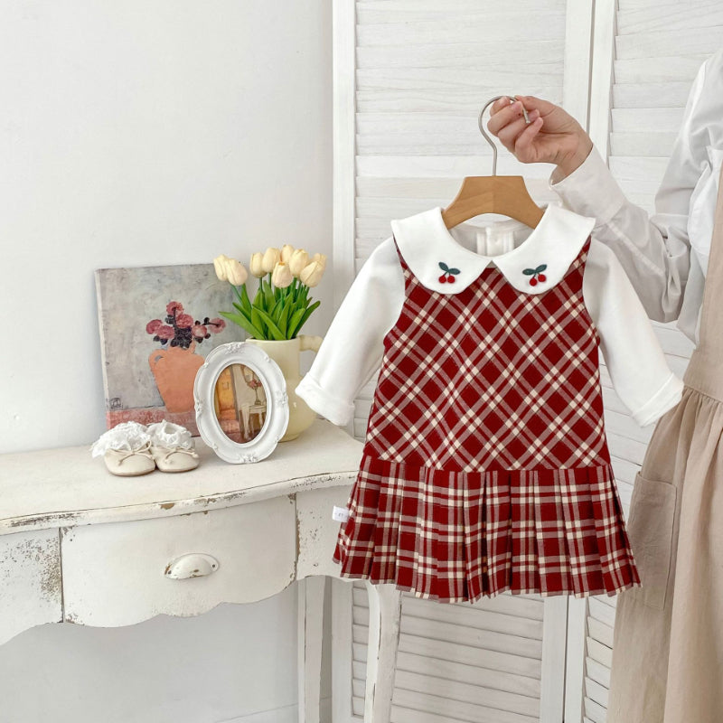 【BABY&KID】学院風チェックワンピース、さくらんぼ刺繍襟ＴシャツSK100842