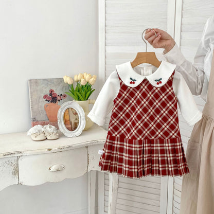 【BABY&KID】学院風チェックワンピース、さくらんぼ刺繍襟ＴシャツSK100842