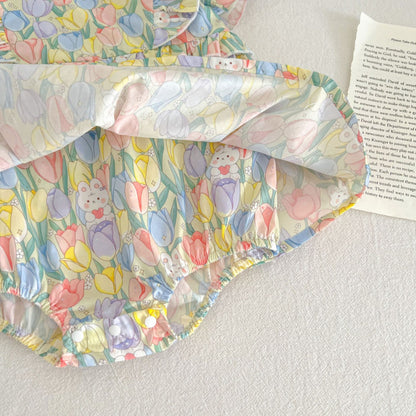 【BABY&KID】夏新作 花柄うさぎロンパース、ロンパースワンピ、ワンピースSK090713