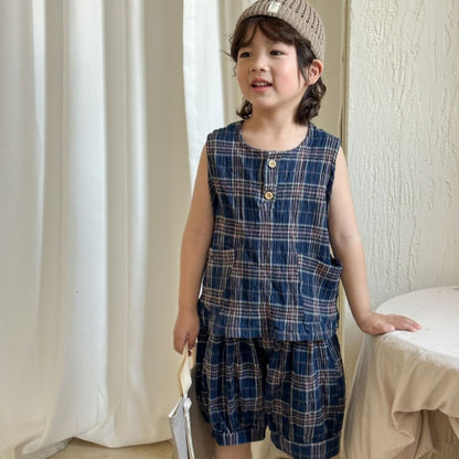 【BABY&KID】夏新作 ポケット付きチェックセットアップSK072107