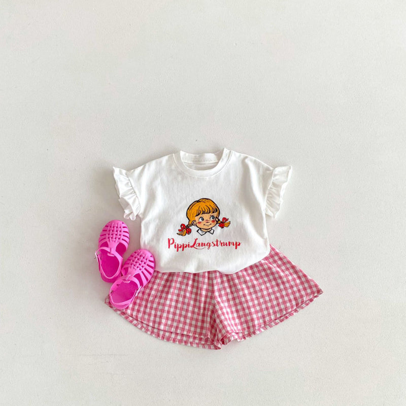 【BABY&KID】夏新作 フリル袖Tシャツ、チェックショートパンツSK091219