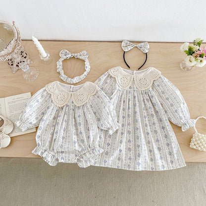 【姉妹服】パープルフラワーレース襟ロンパース、ワンピースSK101117