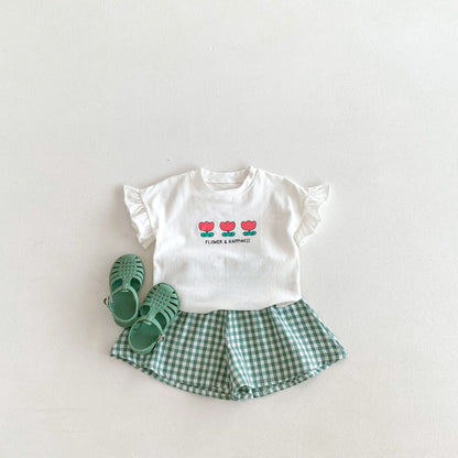 【BABY&KID】夏新作 フリル袖Tシャツ、チェックショートパンツSK091219